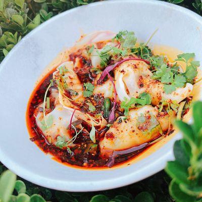 Vegan dumplings in the chili oil sauce