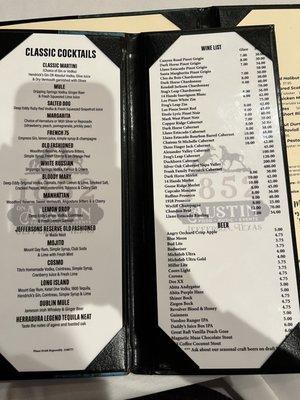 Wine and drink menu