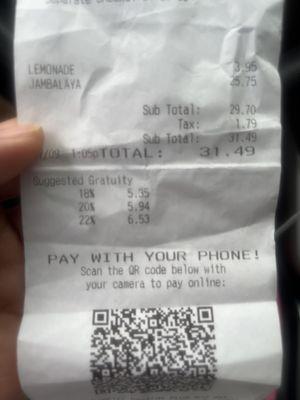 The original receipt I was given and that I handed back with my card