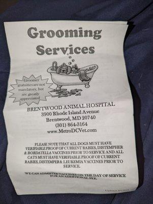 Grooming services prices as of 8/2022