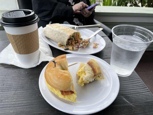 Telvet Burrito, Chai Latte, Bagel Sandwich