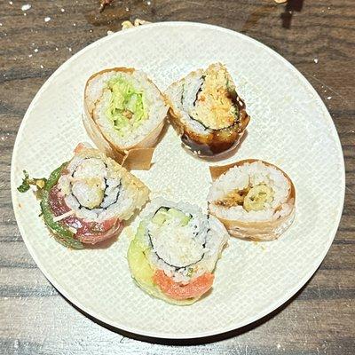 Cross section of our rolls (from top right): -Crunchy Blue -Cowgirl -Wild Run -San Marcos Maki -VLT