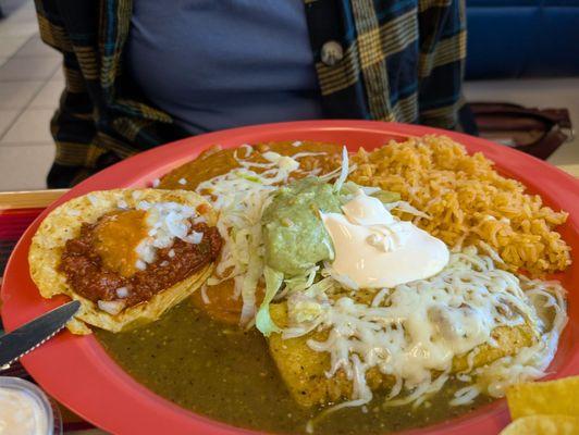 Ground beef tac, cheese/onion enchilada, combo plate.