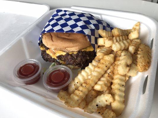 Classic Johnny Burger with an extra patty and fries