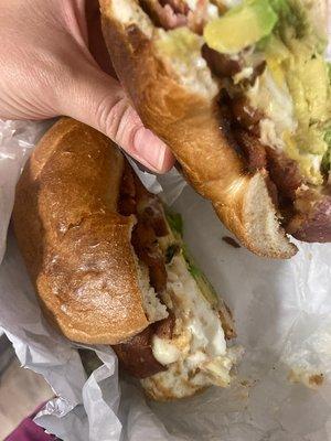 Bagel with bacon, egg and avocado