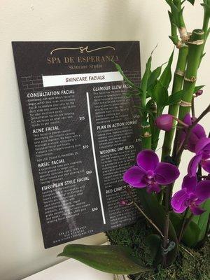 Skincare Menu. The Most Requested Facials are Glamour Glow Facial and Red Carpet Facial