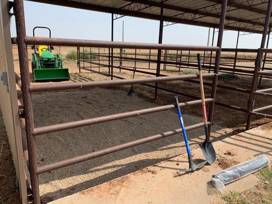 Base layer of pea gravel topped with decomposed granite for great drainage in our horse stalls.