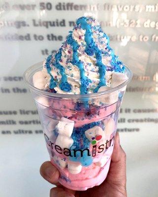 Unicorn Creation,: layers of birthday cake ice cream, mini marshmallows, unicorn dust, and unicorn marshmallow cream!