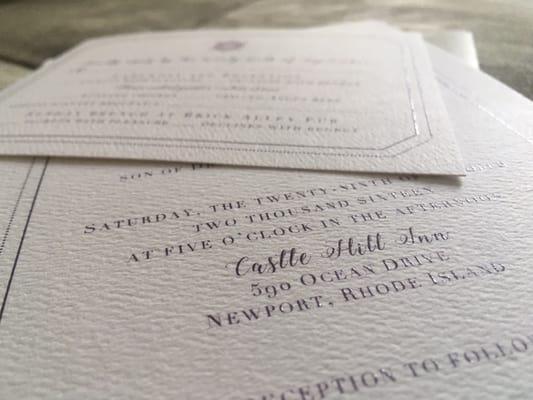 Example of my thermography wedding invitation & RSVP card printed by Midtown.