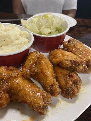 Wings meal with Blanchie's sauce and mash potatoes and cabbage