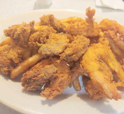 Flour-fried shrimp and oysters. $25 out the door with tea and a tip.