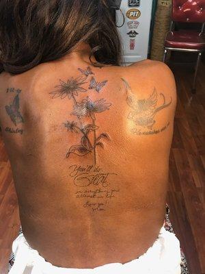 Gregs latest. 4my mom. 3 Black Eyed Susan's,  3 butterflies 4ech daughter & message from a card. LOVE having her writing on me..