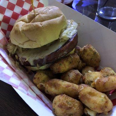 The thick cut bologna reuben with fried cheese curds. Don't forget the Thousand Island dressing!