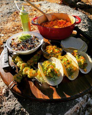 Cilantro and Lime Marinated Shrimp Taco, Corn and Black Bean Salad, Tomato and Herb Rice