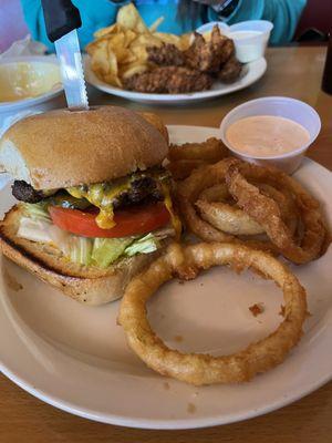 Burger and onion rings