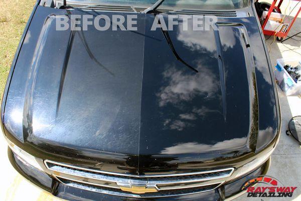 A before and after comparison after polishing the hood on a 2010 Chevrolet Tahoe.