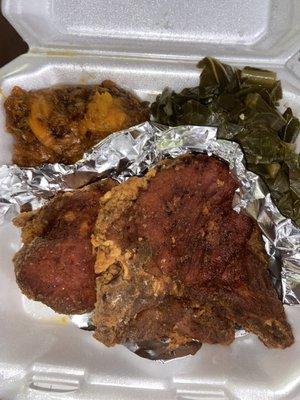 Overcooked fried pork chop, candied yams, & collards.