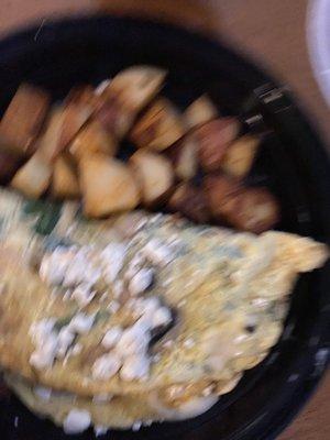 Fresco  omelet-homemade chorizo, kale, mushrooms and goat cheese w side of potatoes and English muffin (not pictured)