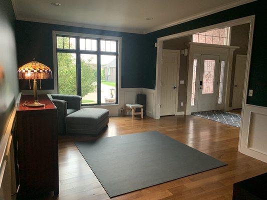 The amazing after picture! Walls are Cascades, ceiling/wainscoting are Gypsum. I turned my formal dining room into my yoga room. Love it!