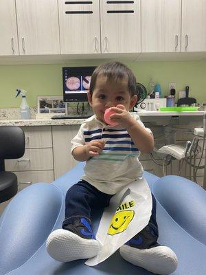 Dr. Mike gave him a toy for being a great patient.