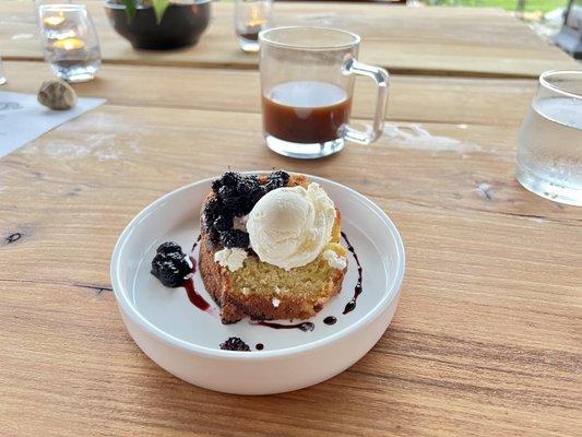 Yellow squash cake, lemon honey ice cream, mulberry compote