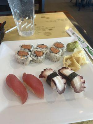 This is the food just mentioned.  Tuna, octopus, spicy tuna roll.