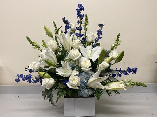 Sympathy flowers blue and white