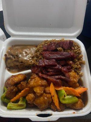 General g's chicken, spare ribs, egg foo young combo plate   Perfect