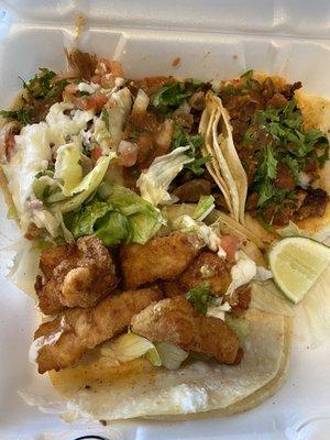 Fish Taco, carnitas soft taco, shredded beef soft taco, pastor taco