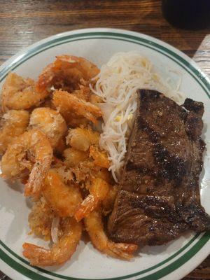 A typical plate for me consists of salt & pepper shrimp & a singapore noodles! I tried the steak but it was pretty tough.