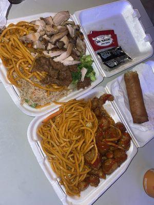 Chowmein, steamed rice, teriyaki chicken, brócoli beef, orange chicken, and big chicken eggroll