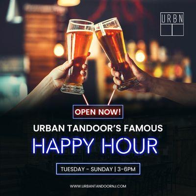 GET READY!!!
EXCITING NEWS!!!!!!
Urban Tandoor's Happy Hour is opening from 3-6 PM. With special deals on drinks and food.