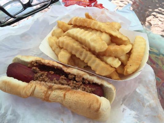 Bright Leaf red hotdog with chili and fries with a sweet tea (not pictured).