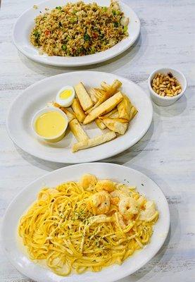 Fettuccine w/shrimps, vegetable chaufa & fried yuca with spicy cheese sauce & maiz chulpe.