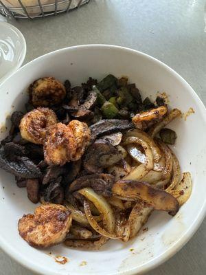 Blackened shrimp with blackened veggies (bell peppers, onions, and mushrooms)