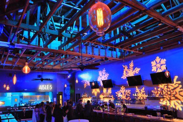 Aisle 5 - winter holiday event lighting at restaurant for private party