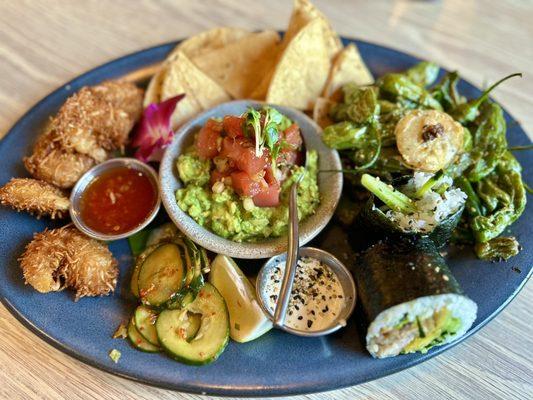 Pupu Platter $27- 4 coconut shrimp w/Thai chili sauce, 2 pork belly musubis, guaca-poke, blistered shishitos w/aioli, &spicy cucumbers.