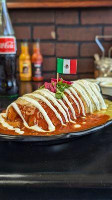 Wet Asada Burrito with red and green sauce