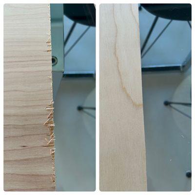 The left wood was cut by someone else at the different store and the right wood was cut by Jay at this Lowe's.