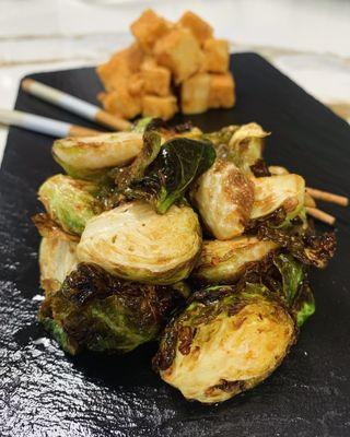 Asian Brussels Sprouts, Fried Tofu.