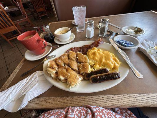 pancakes cheese eggs sausage and bacon and cheese grits which tasted ok but I wouldn't order again. I love diner coffee.