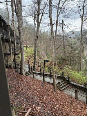 Steps leading down to the pool and Hoedown theatre.