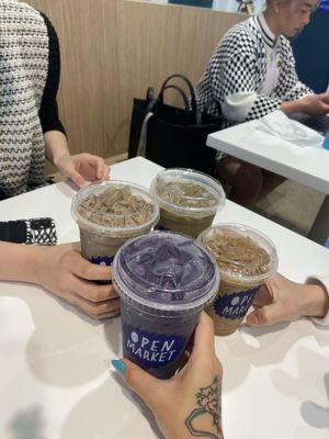 ube, black sesame, and hojicha lattes