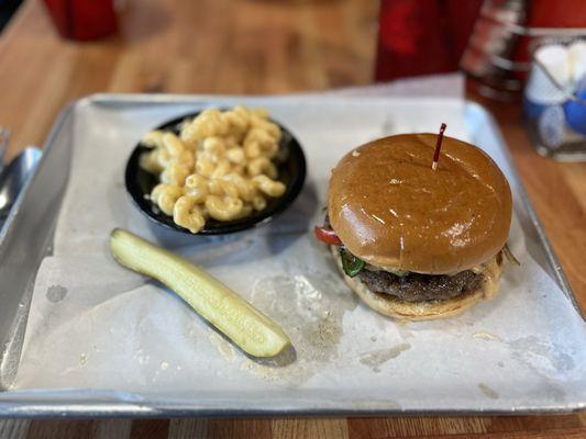 The Award-Winning Brew Burger with Mac N Cheese and Pickle Spear (upon request)