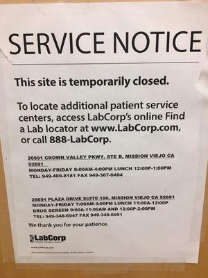 LabCorp San Clemente is closed February 25, 2021