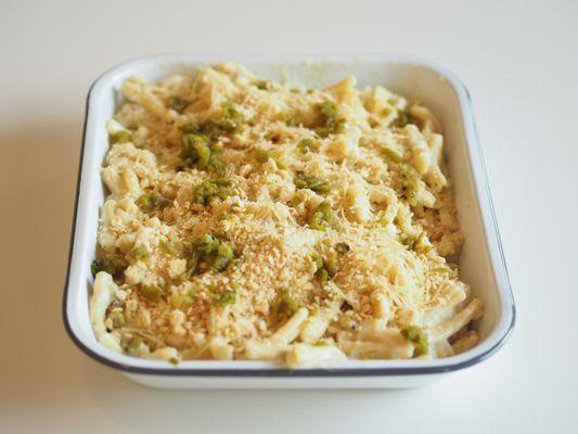 Hatch green Chile Mac and cheese ready for the oven.