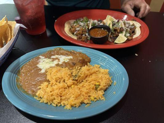 4 street steak tacos, refried beans and rice