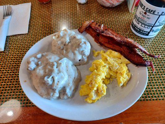 Scrambled eggs, thick cut bacon, and a half order of biscuits and Gravy- the ultimate in comfort food!