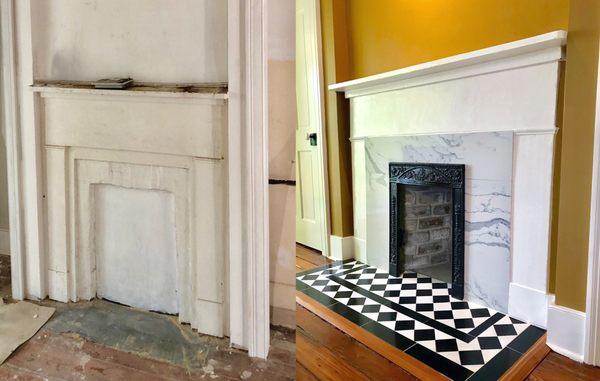 It's amazing what treasures are still hidden in buildings in downtown Savannah, like the original metal plate on this fireplace.