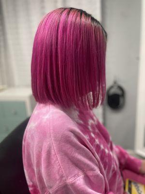 Hot pink with a fresh cut bob. Hair by Tess